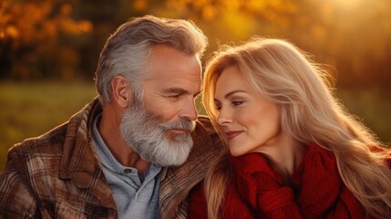 couple in their later years share an intimate moment, smiling and gazing into each others eyes while surrounded by vibrant autumn foliage, illuminated by warm sunlight