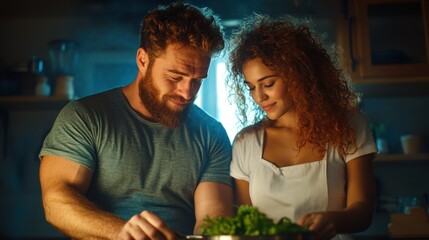A couple collaborates in a warm kitchen as they prepare a fresh meal