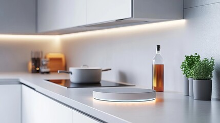 Fototapeta premium Subtle under-cabinet lighting in a modern kitchen, soft and practical