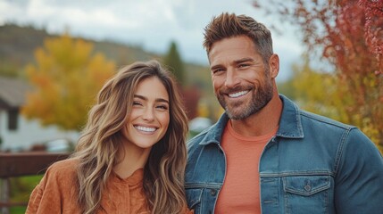 Fototapeta premium couple stands side by side, smiling joyfully as they bask in the beauty of autumn. background features colorful leaves, creating a perfect seasonal atmosphere for their moment