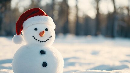 Obraz premium Snowman with santa claus hat standing in snowy landscape during sunset, enjoying winter wonderland