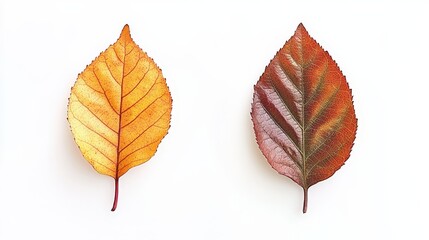 Vibrant transformation: autumn leaves in golden and red tones on white background