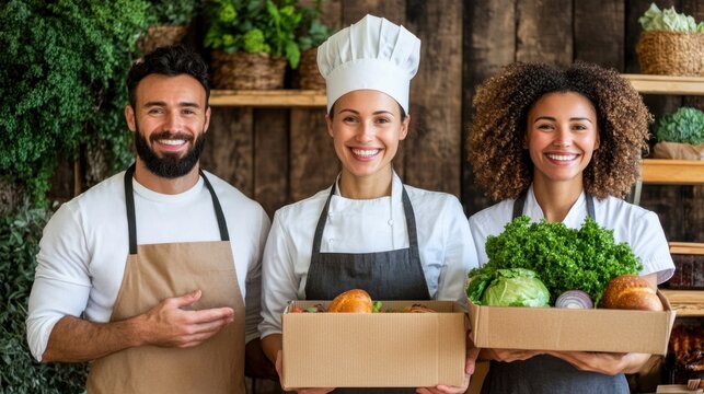 team of three enthusiastic chefs, two women and one man, showcases boxes filled with fresh vegetables and baked items in a lively market setting, highlighting their commitment to quality food