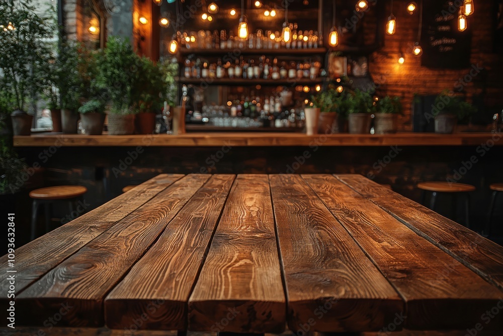 Poster wooden tabletop in a rustic bar setting