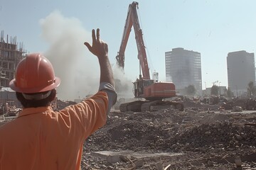Worker signalling to a crane operator with a heavy load, coordinating the lift and ensuring safety at a construction site, highlighting teamwork and precision in industrial operations