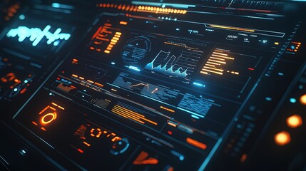 Futuristic digital interface with graphs, charts, and data visualizations.