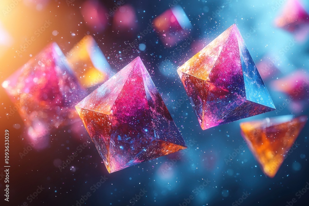 Poster multicolored crystal prisms floating in a dusty atmosphere