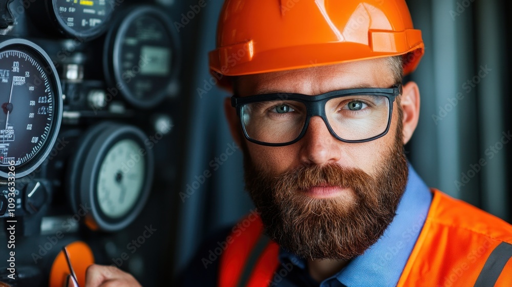 Poster man with a beard wearing safety glasses and an orange hard hat focuses on instruments on a control p