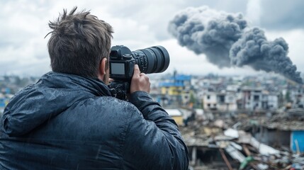 Amidst a gloomy sky, a photographer focuses intently on capturing the contrasting scene of smoke billowing from buildings in a densely populated urban area