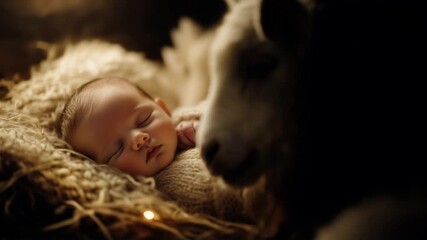 Newborn jesus in manger peaceful holy night scene with sleeping baby and sheep in darkness

