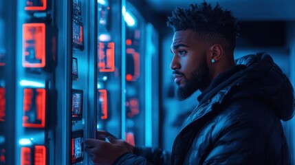 young man stands in a dimly lit, futuristic room, engaging with advanced technology. blue and red lights create a striking atmosphere, emphasizing the intricate machinery in the background