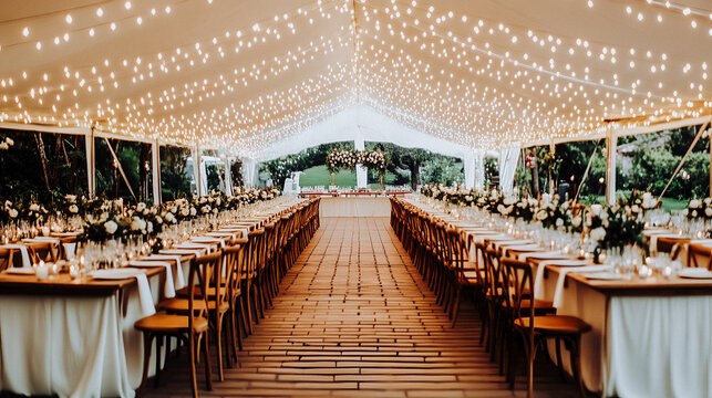 Table de mariage avec d&eacute;coration blanche et guirlandes lumineuses