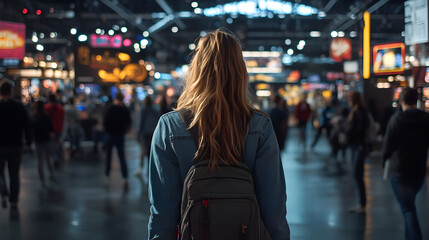 Woman with Backpack in Crowded Convention Center