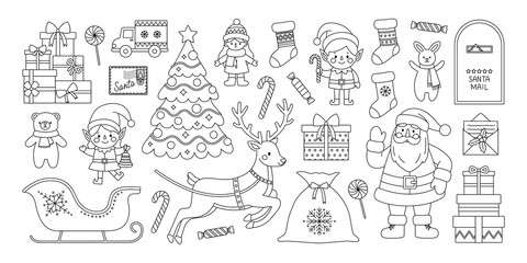 Christmas set coloring page. Outline set with Santa Claus, elves, deer, sleigh, sack, tree, gifts, toys, mailbox, letters, stocking and candies. Santa mail. Holiday collection. Coloring book for print