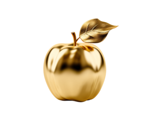 a golden apple with a leaf