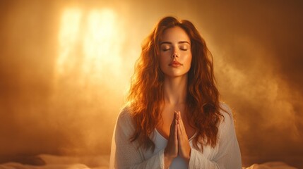 woman with long, wavy hair sits cross-legged in a tranquil room, eyes closed, hands in prayer position. warm glow from the window enhances the calming vibe of her meditation practice
