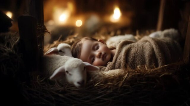 Newborn jesus in manger peaceful holy night scene with sleeping baby and sheep in darkness