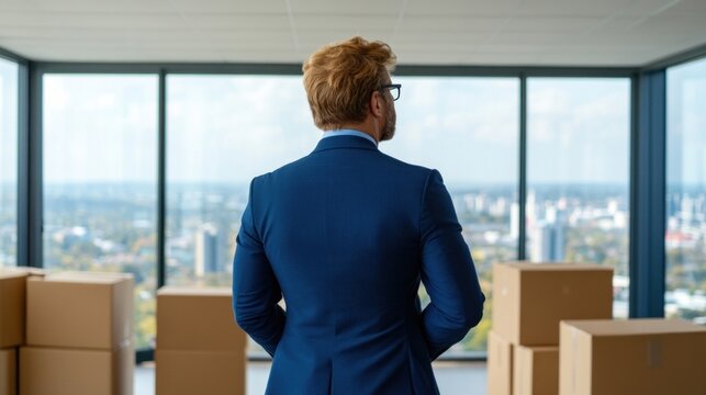 businessman stands with his back to the camera, looking out over a city skyline through large windows. Cardboard boxes are scattered around the modern office, indicating a recent move