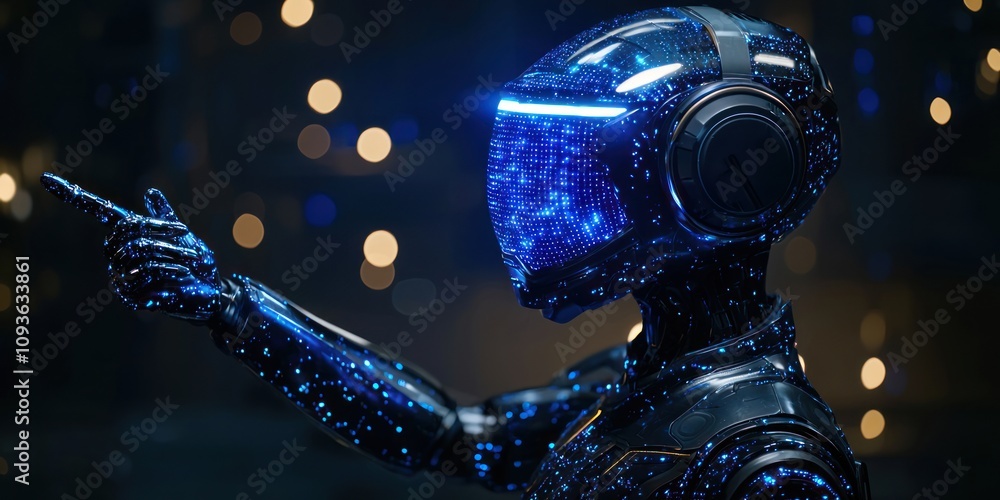 Poster a futuristic metallic robot with glowing blue lights, pointing with its robotic hand