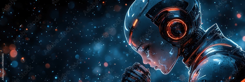 Poster a futuristic android with glowing lights in its helmet, looking down with a contemplative expression