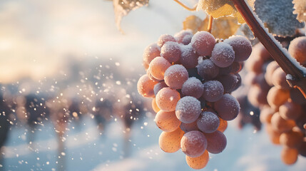 Close-up of frosted grapes hanging from a vine during winter at sunset.