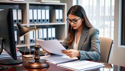 A young businesswoman is working at her desk, diligently preparing legal briefs and reviewing evidence for an upcoming trial, demonstrating her expertise as a lawyer in litigation and advocacy.