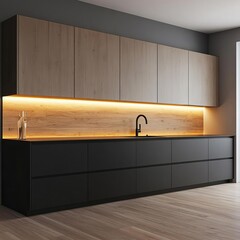 Warm lighting under floating cabinets, adding depth to a modern kitchen