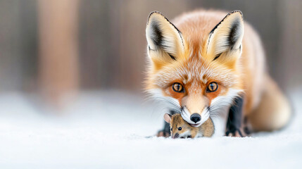 Obraz premium Red fox capturing a field mouse in its mouth in a snowy forest during winter