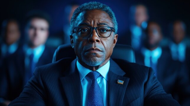 Concentrated expressions fill the dark conference room as a man in a suit takes center stage. His serious demeanor suggests a pivotal moment in a critical discussion taking place