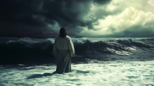 Jesus stands resolute at the stormy sea, calming the raging waters with his divine command