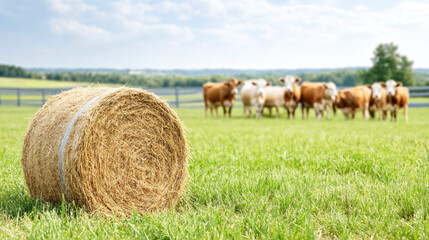 Tranquil farm scene with cows grazing in the background, featuring a round hay bale on a lush green pasture