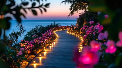 Warm path lights framing a flower garden, highlighting natural beauty