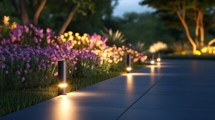 Obraz premium Warm path lights framing a flower garden, highlighting natural beauty