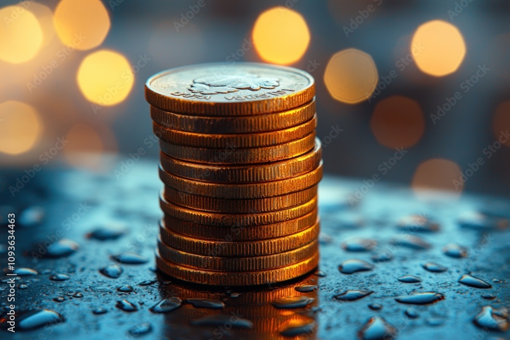 Poster Stack of Golden Coins on Wet Surface with Bokeh Background
