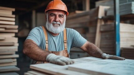 skilled carpenter prepares wooden boards in a workshop, showcasing his craftsmanship and dedication. He wears safety gloves and an orange hard hat while concentrating on the task at hand
