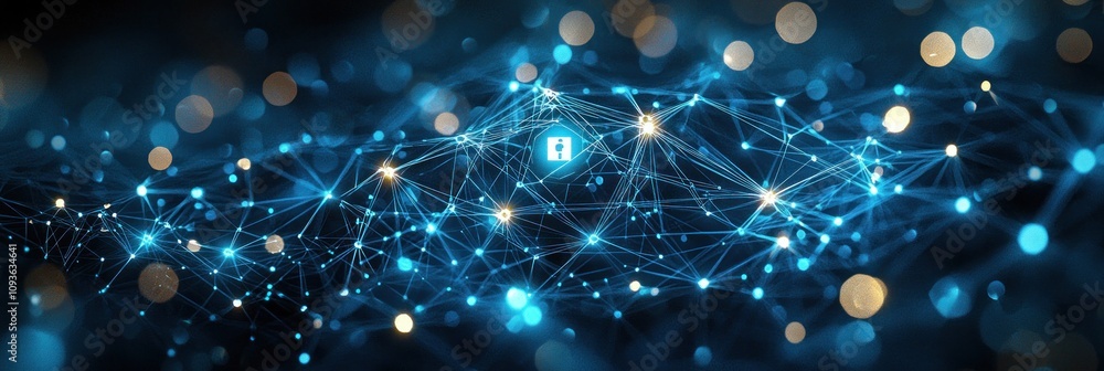 Poster abstract blue network with a glowing lock icon