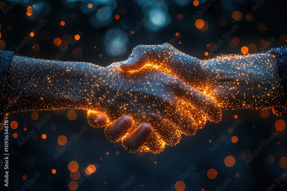 Poster glowing handshake with interconnected lines and orange lights