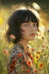 Teenage girl with unique haircut stands in sunlit meadow. Floral dress. Wildflowers. Editorial fashion portrait. Summer day. Trendy style. Nature scene.