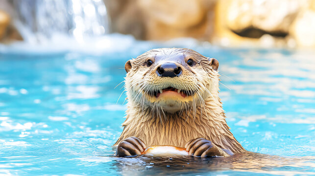 North american river otter swimming in blue water and holding a fish between its paws, looking at the observer