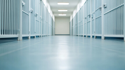 Empty corridor with cages seen from a low angle, creating a sense of confinement and solitude
