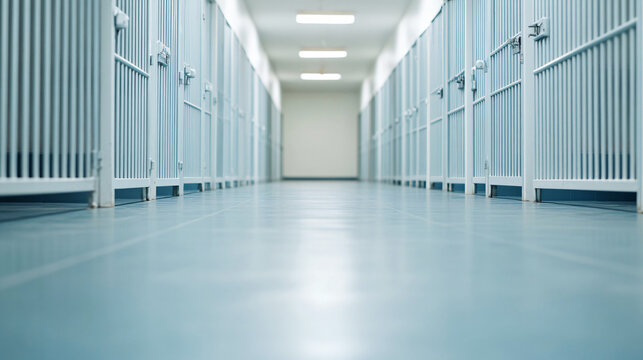 Empty corridor with cages seen from a low angle, creating a sense of confinement and solitude