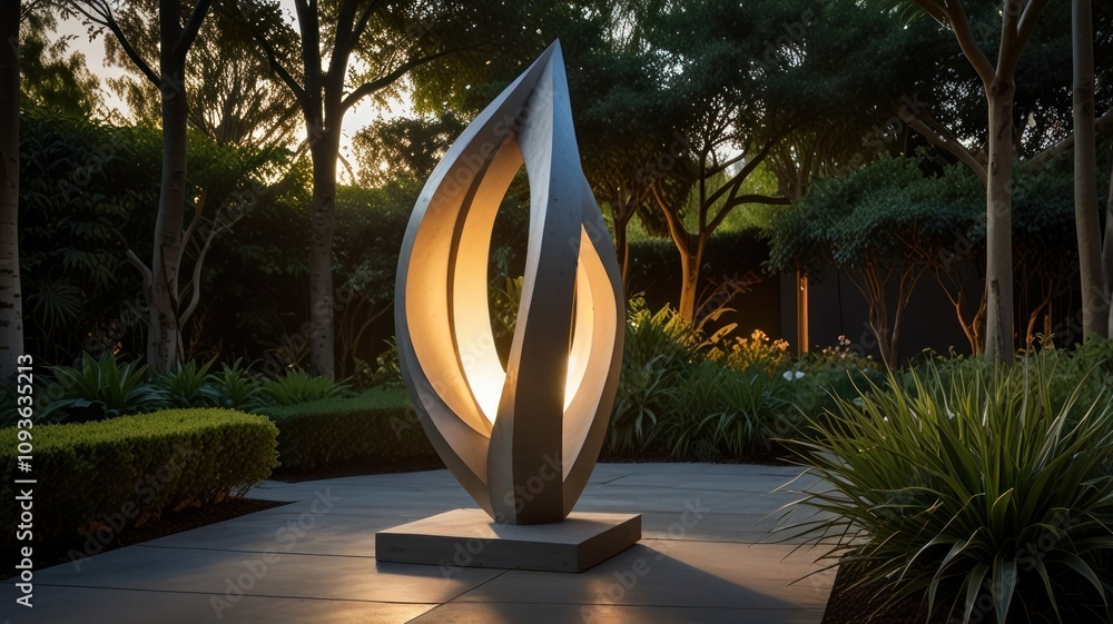Poster here's a possible and keyword list for your image.. illuminated abstract metal sculpture in garden a