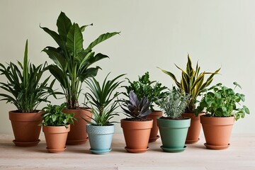 Durable Eco-Friendly Plants in Stylishly Arranged Pots on a Bright Background
