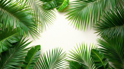 Fototapeta premium Green tropical leaves frame on white background with copy space.