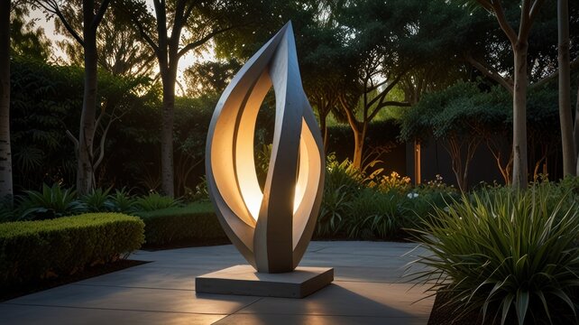 Here's a possible  and keyword list for your image.. Illuminated abstract metal sculpture in garden at dusk.