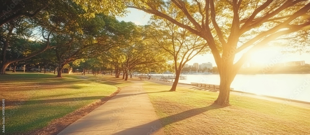 Poster sunset path through a park with a waterfront view