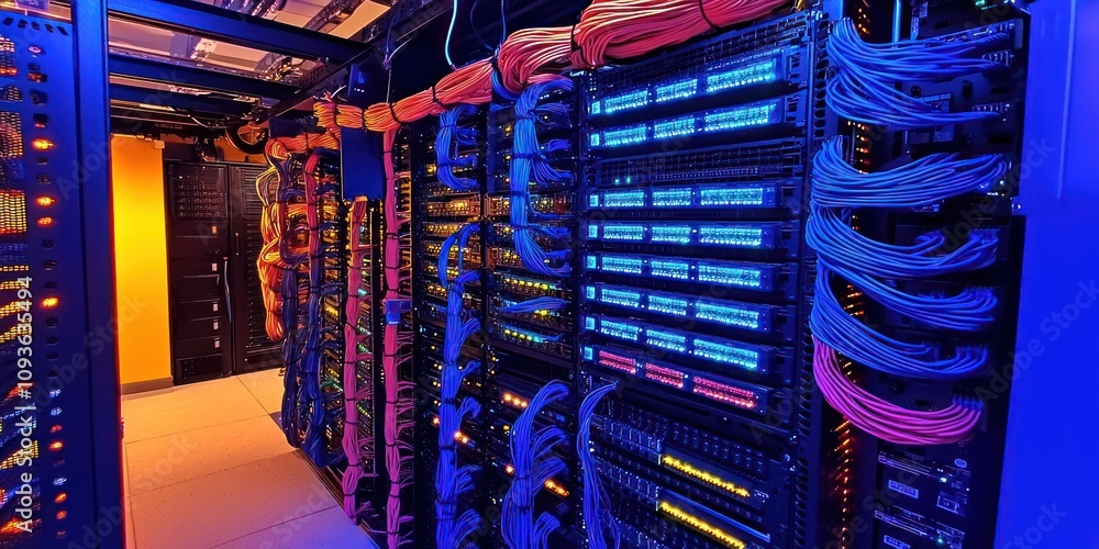 Poster rows of server racks with vibrant colored network cables