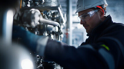 Engineer Inspecting Industrial Pipeline System, Geothermal Energy, Maintenance, Technician, Close-up