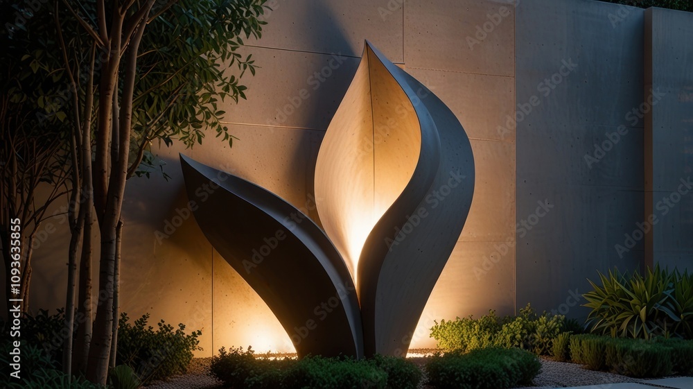Aufkleber here's a possible and keyword list for your stock photo.. modern abstract sculpture illuminated at n