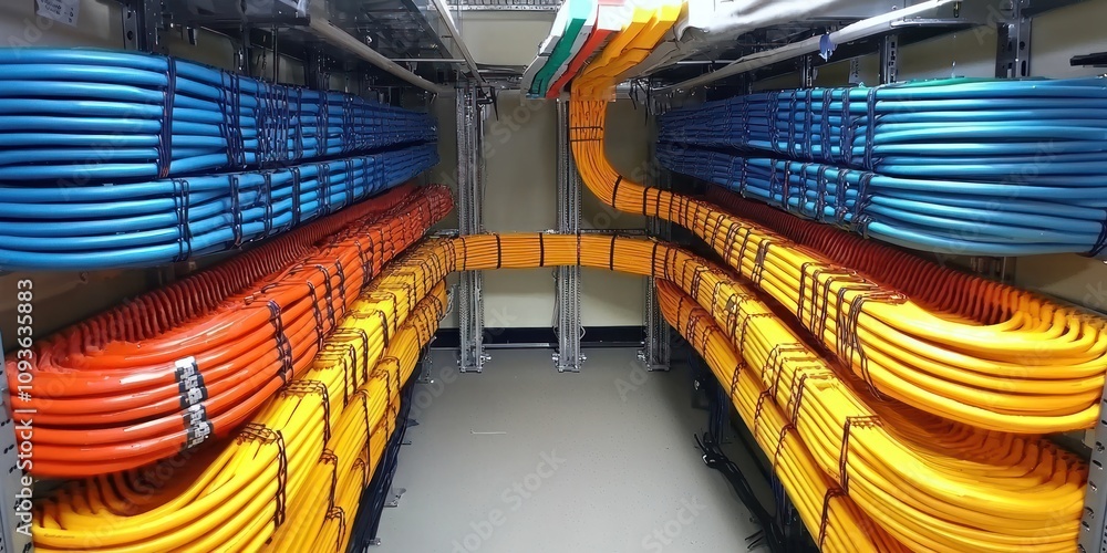 Poster rows of colorful cables in a server room